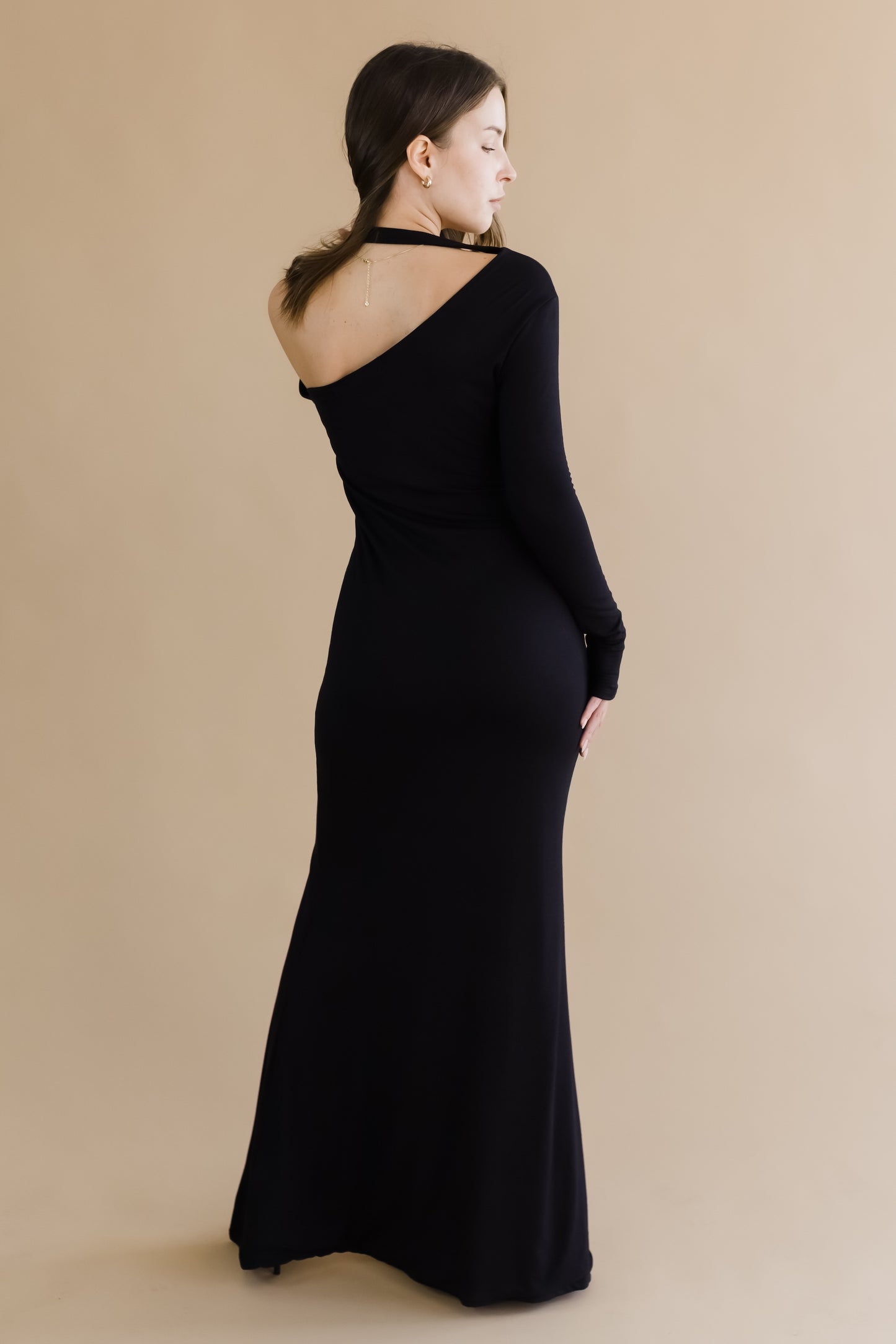 Long Sleeve Maxi Dress - Asymmetrical Neckline