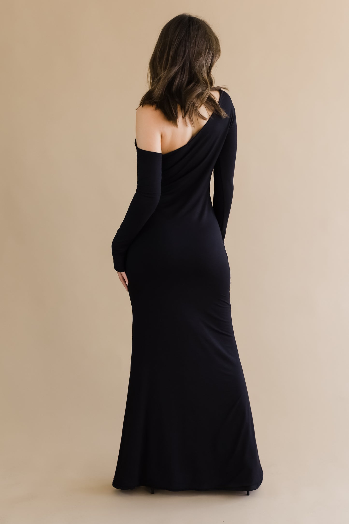 Long Sleeve Maxi Dress - Asymmetrical Neckline