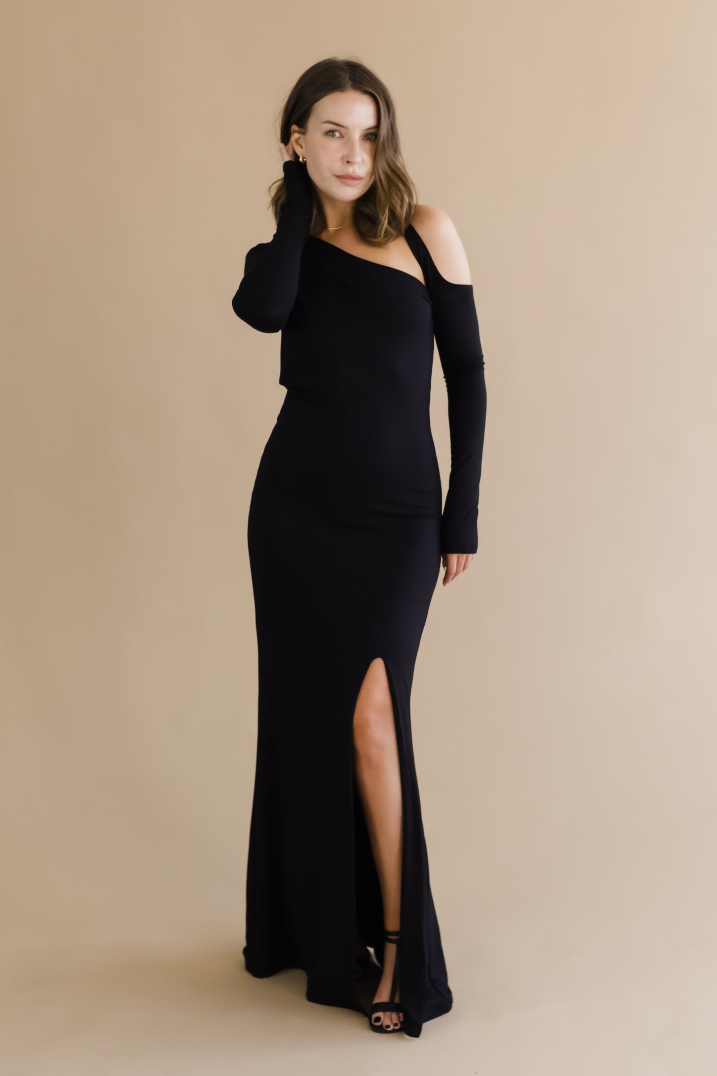 Long Sleeve Maxi Dress - Asymmetrical Neckline