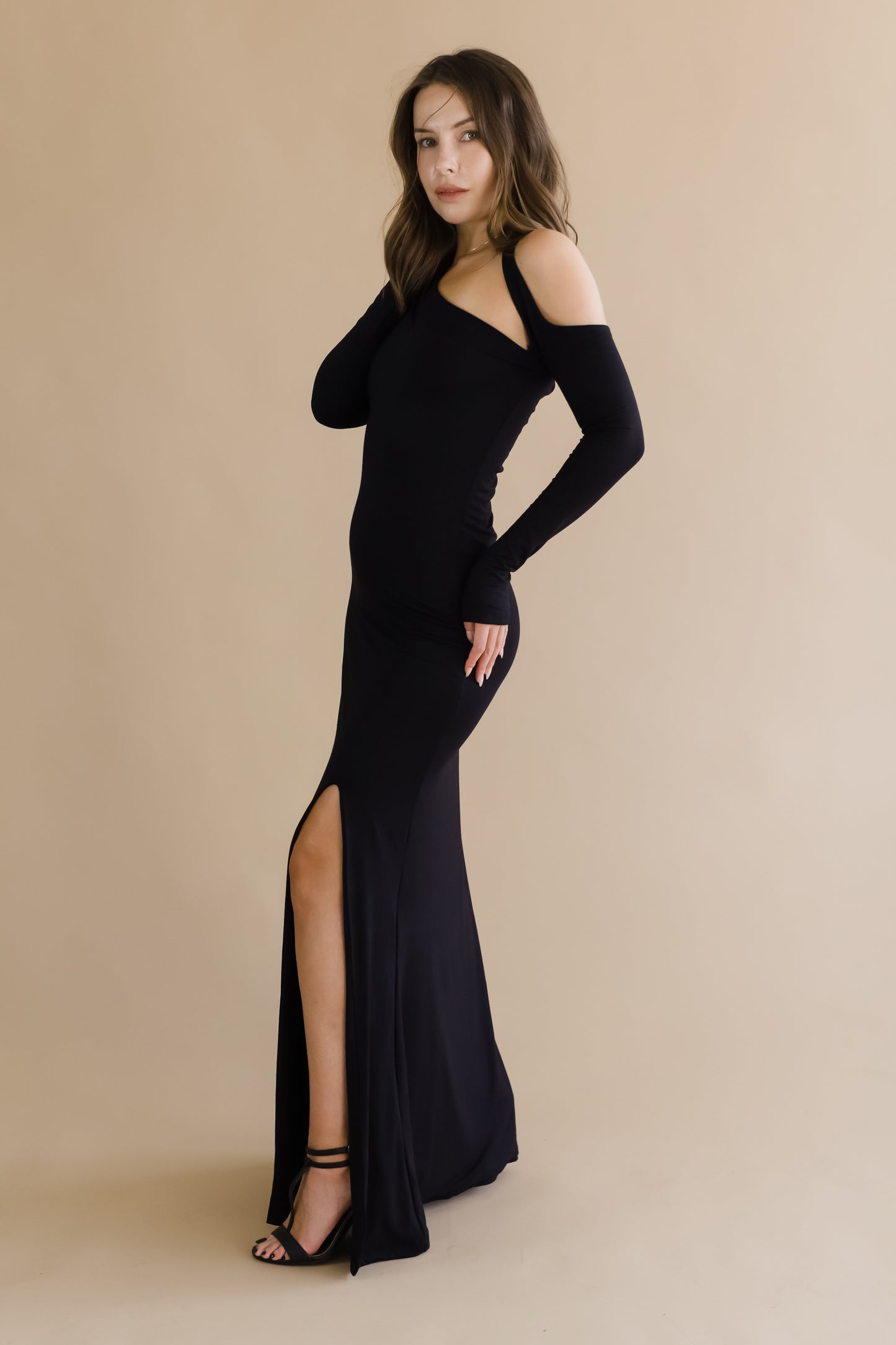 Long Sleeve Maxi Dress - Asymmetrical Neckline